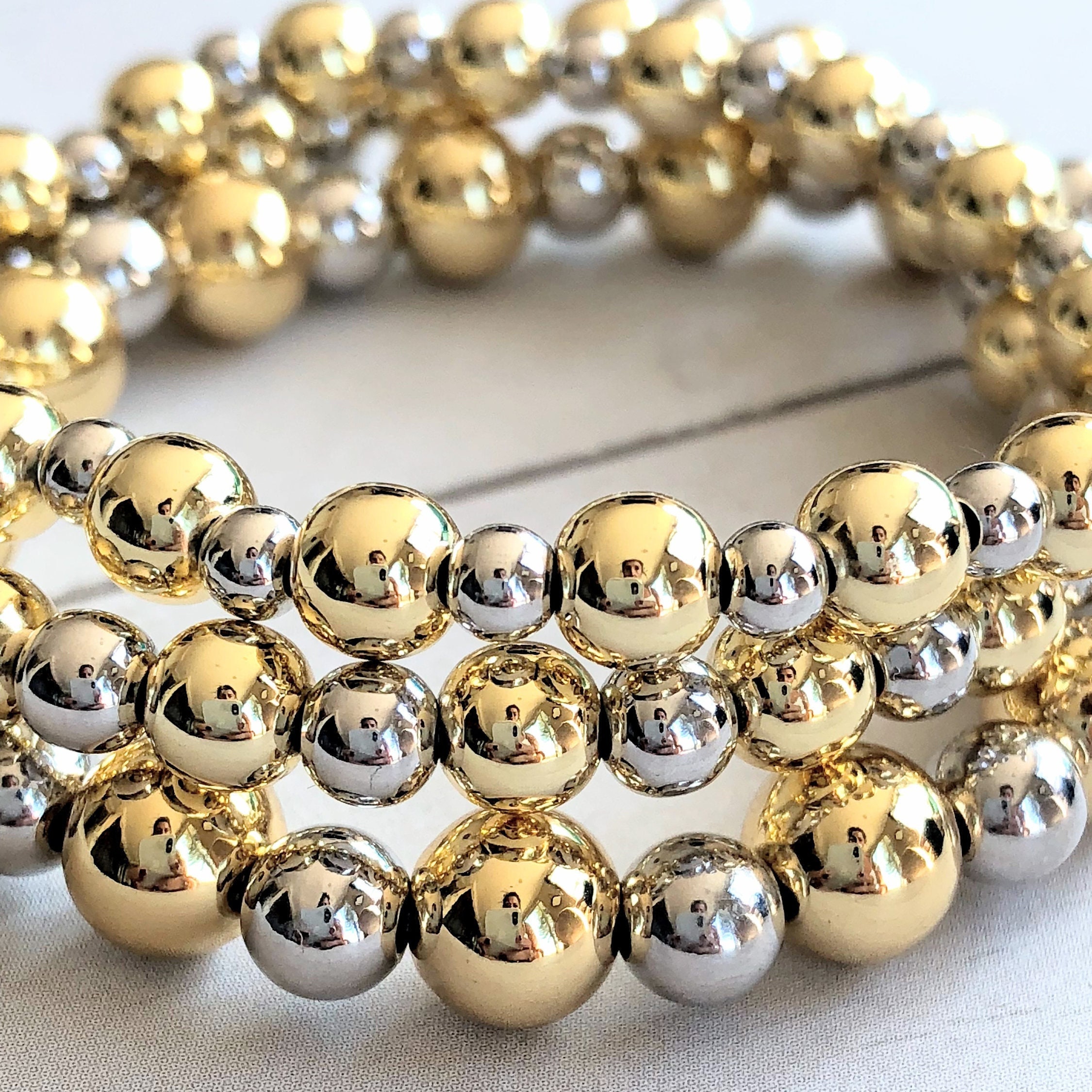 Two Tone Bracelet, Gold and Silver Beaded Bracelets, Stacking Ball Bracelets,  Two Tone Silver and Gold, Women\'s Stretch Stack Bracelets - Etsy