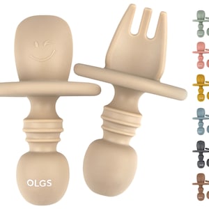 OLGS Silikon Kinderbesteck 2er Set Das erste Babybesteck Gabel, Löffel BPA-frei Beißring für Babys & Kinder Selbstfütterndes Besteck Cream