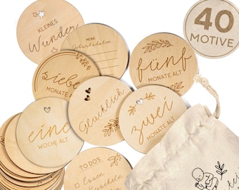 40 Baby Holz Meilensteine + Stoffbeutel Modernline, runde Meilensteinkarten als Geschenkidee zur Geburt, Taufe, Babyparty, Set aus 20 Teilen