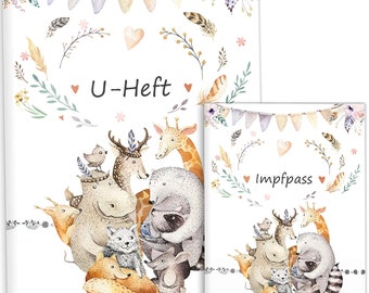 OLGS U-Heft Hülle und Impfpasshülle 3-teilig Set | Boho Freunde | Hase, Elefant, Waschbär, Schildkröte Nashorn | personalisierbar mit Namen