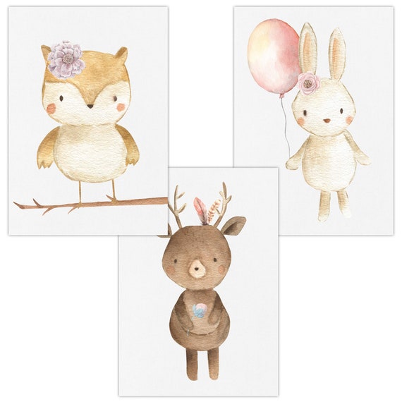 Wandbilder 3er Set Fur Baby Kinderzimmer Deko Poster Kunstdruck Din A4 Ohne Rahmen Und Dekoration W18 Eule Reh Hase Madchen