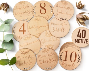 40 Holz Meilensteine + Stoffbeutel für Ihr Baby | Runde Meilensteinkarten als Geschenkidee zur Geburt, Taufe, Babyparty | SET aus 20 Teilen
