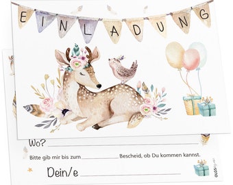 OLGS 12x Einladungskarten zum Kindergeburtstag für Mädchen, Boho Reh | Einladung zur Geburtstagsfeier zum ausfüllen + Umschläge | Babyparty