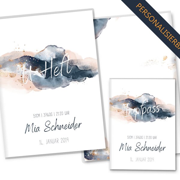 OLGS U-Heft Hülle und Impfpasshülle Set | Untersuchungsheft Hülle Golden Glamour Splash | Personalisierbar mit Namen Geburt (Junge, Mädchen)