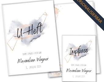 OLGS U-Heft Hülle und Impfpasshülle Set | Untersuchungsheft Hülle Golden Glamour Splash | Personalisierbar mit Namen Geburt (Junge, Mädchen)