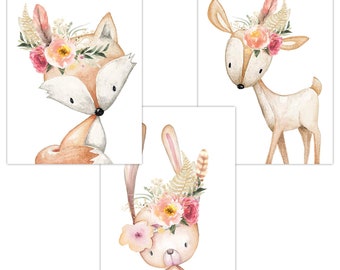 OLGS Babyzimmer Poster 3er Set | Kinderzimmer Deko Bilder DIN A4 | Wandbilder Tiere Cute Boho | Wandposter Mädchen | Blumen Fuchs, Hase, Reh