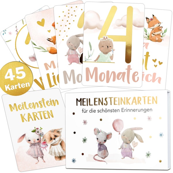 OLGS Baby Meilensteinkarten Gold Mädchen, 45 Karten | DIN A6 Erinnerungs- & Monatskarten 1-12 Monate | Geschenk zur Geburt, Taufe, Babyparty