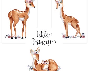 3er Set Wandbilder Baby Kinderzimmer Deko Poster W05 Little Princess Rehkitz Reh