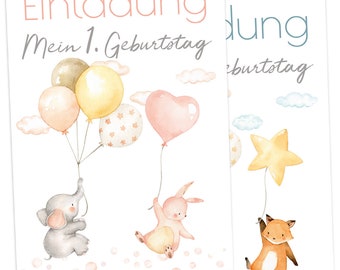 OLGS 12x Einladungskarten zum Kindergeburtstag, Babygeburtstag Mädchen | Ballon Party Elefant Hase | Einladungen Geburtstagsfeier Umschläge