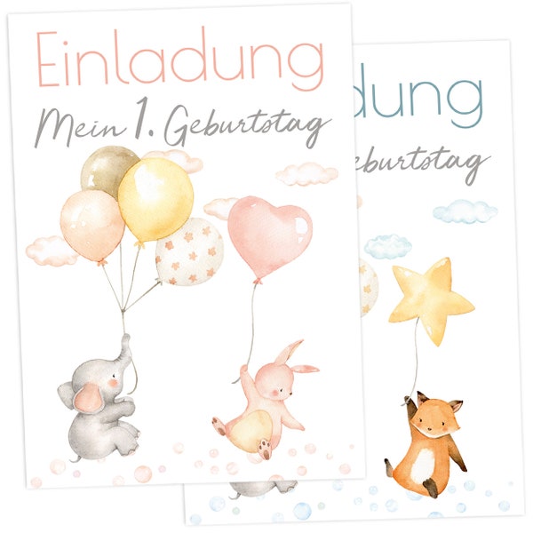 OLGS 12x Einladungskarten zum Kindergeburtstag, Babygeburtstag Mädchen | Ballon Party Elefant Hase | Einladungen Geburtstagsfeier Umschläge