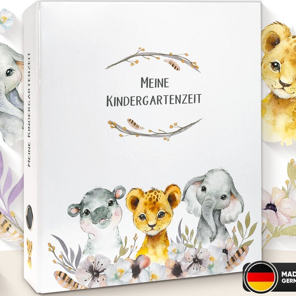 OLGS Ordner Meine Kindergartenzeit | Sammelordner, Kindergartenordner Erinnerungsordner für Kita-Kinder Boho Safari Wildnis Freunde