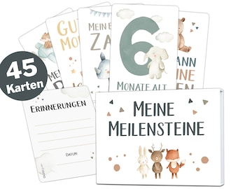 OLGS Meilensteinkarten Baby Lino für Junge und Mädchen | 45 Meilenstein Karten Set + Magnetbox | Geschenkidee zur Geburt, Taufe, Babyparty