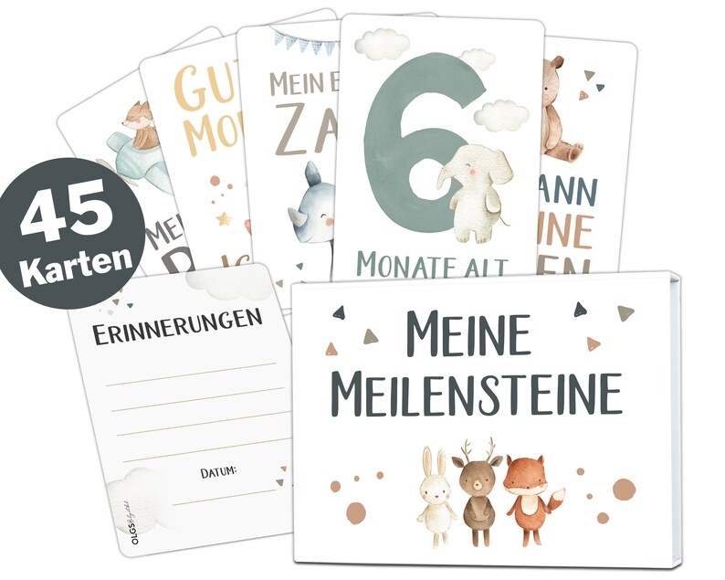 45 Baby Milestone Cards Lino for Boy & Girl Milestone cards + Gift Box Gift Idea for Birth, Baptism / Baby Shower / Animals, German 