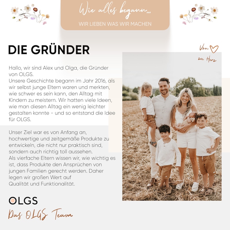 Hier sind wir, Olga und Alex, mit unseren vier tollen Jungs. Wir sind die Herzen und Seelen hinter OLGS und unseren liebevoll gestalteten Baby- und Kinderprodukten.