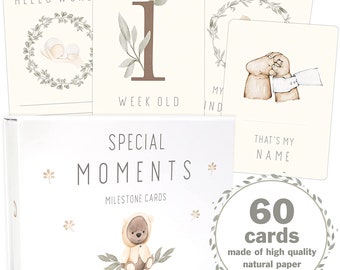 OLGS Baby Milestone Cards | Monthly set of 60 cards Teddy Lou for Boy and Girl | Baby cards gender neutral | Baby Milestones + magnetic box