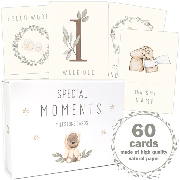 OLGS Baby Milestone Cards | Monthly set of 60 cards Teddy Lou for Boy and Girl | Baby cards gender neutral | Baby Milestones + magnetic box