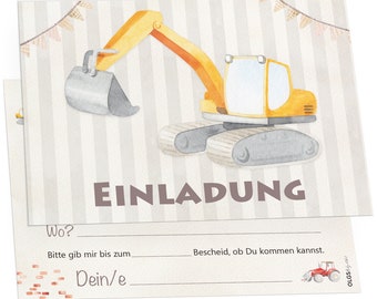 OLGS 12x EINLADUNGSKARTEN zum Kindergeburtstag Baustellen Kinder Party Bagger | Einladung zur Geburtstagsfeier für Jungen | Partyeinladungen