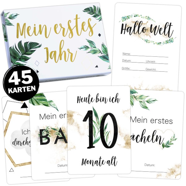 OLGS Baby Meilensteinkarten Tropical Green | 45 Karten-Set, Monatskarten in Grün | Für Jungs & Mädchen | Premium Magnetbox