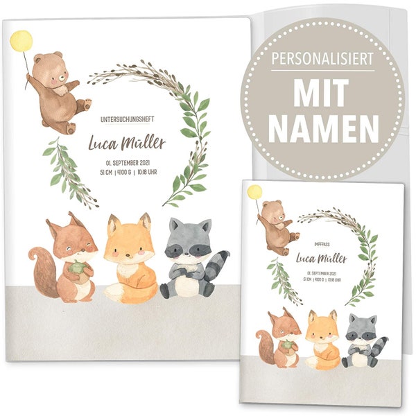 OLGS U-Heft & Impfpasshüllen Set | Cute Forest hochwertige Untersuchungsheft, Impfpass Hüllen Babygeschenk Geburt personalisierbar mit Namen