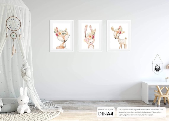 Buy OLGS Babyzimmer Poster 3er Set Kinderzimmer Deko Bilder DIN A4 Wandbilder  Tiere Cute Boho Wandposter Mädchen Blumen Fuchs, Hase, Reh Online in India  - Etsy