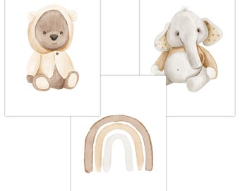 OLGS Babyzimmer Poster 3er Set | Wandbilder für Kinderzimmer Deko DIN A4 | Teddy Regenbogen Wandposter Mädchen, Junge | Tiere: Bär, Elefant