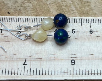 sterling silver Honey Jade and Lapis dangly earrings, semi precious stones, natural jewellery, gemstone jewellery, long dangles