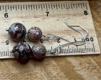 sterling silver leopardskin jasper dangly earrings semi precious stones natural jewellery, gemstone jewellery, long dangles