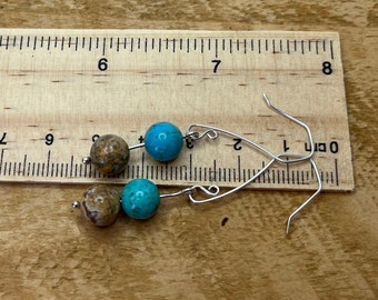 sterling silver leopardskin jasper and turquoise dangly earrings semi precious stones natural jewellery, gemstone jewellery, long dangles