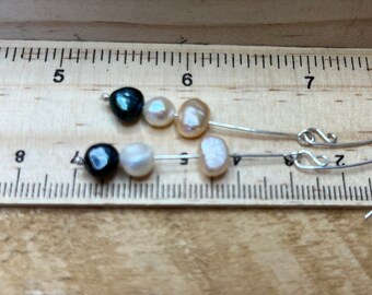 sterling silver three freshwater pearl dangly earrings, semi precious stones, June birthstone, natural jewellery, gemstone jewellery