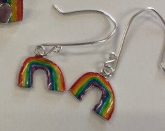 Rainbow dangly earrings, rainbow jewellery, heart, cloud, rainbows, silver rainbows, silver jewellery, drop earrings