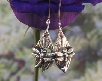 leaf drop earrings, dragonfly jewellery, leaf earrings, dangle earrings, drop earrings, silver drop earrings, gift for her, jewellery