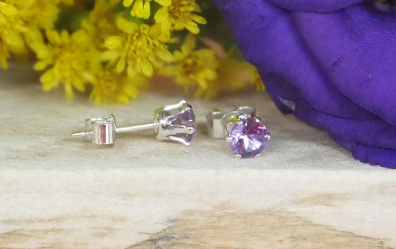 June birthstone, June studs, Alexandrite studs,Purple pink crystal,birthstone earrings,gemstone earrings,silver jewelry, silver stud image 4