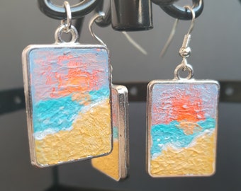 Boho jewelry set handmade mini painting earrings pendant Summer Sunset Beach Bohemian art