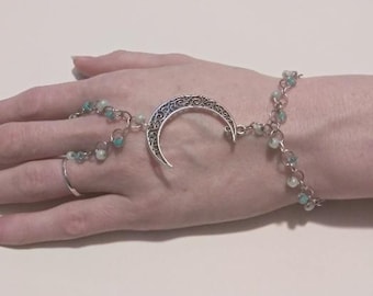 Crescent moon slave bracelet/wrist flower/ witch/pagan/Wicca/renn faire/ beaded chain/Celtic/ bracelet ring/hand jewelery/ witchcraft