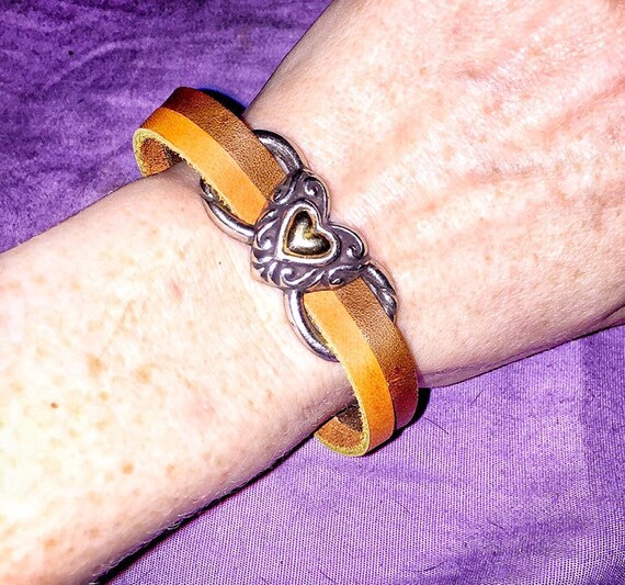 Two-Tone Leather Bracelet, Silver Heart Accent, Adjustable Fit