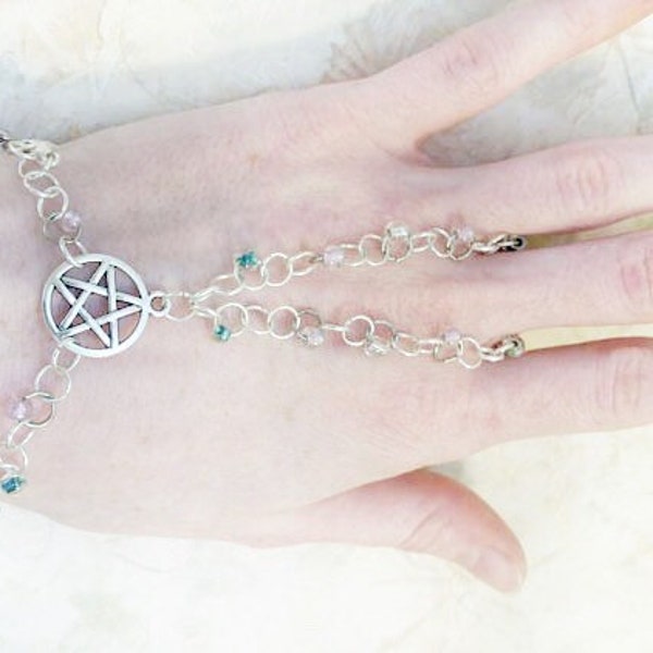 Pentagram/pentacle slave bracelet/wrist flower/ witch/pagan/Wicca/renn faire/ beaded chain/Celtic/ bracelet ring/hand jewelery/ witchcraft