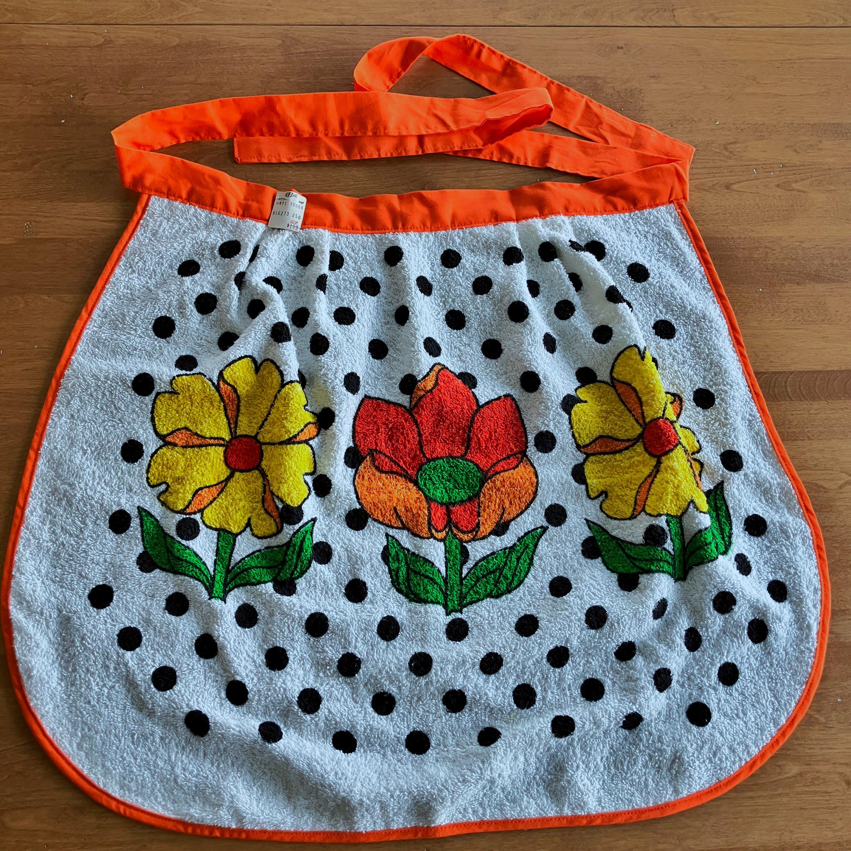 Vintage Retro Mod Terry Cloth Half Apron~bright Orange Floral