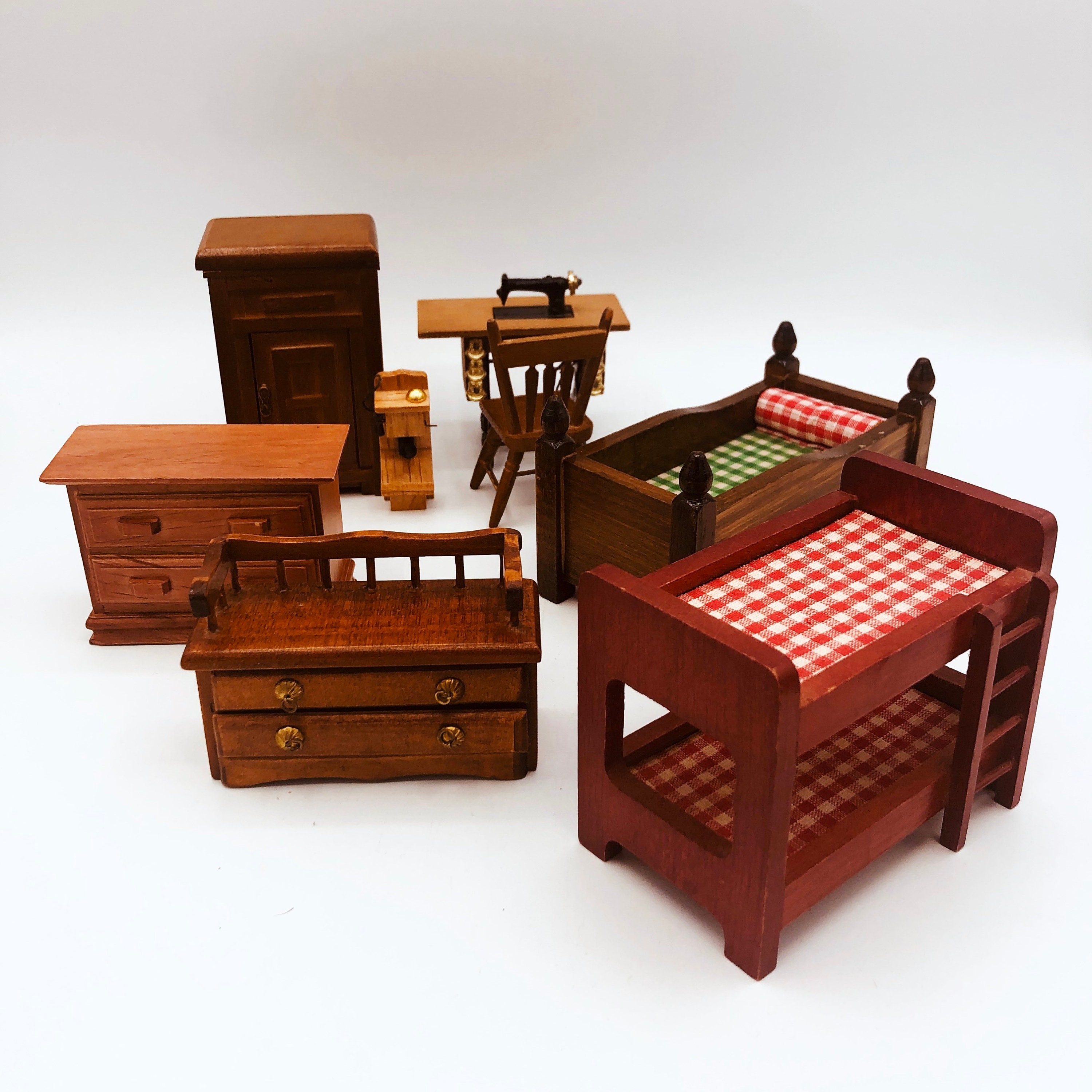 Vintage Wooden Dollhouse Furniture Choice~Chest, Boot Entry Bench, Trundle Bed, Bunk Bed, Ice Box, Peddle Sewing Machine, Crank Wall Phone
