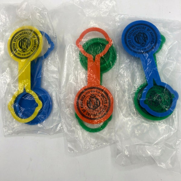 Lot of Six Vintage Reusable Plastic Soda Pop Beer Bottle Cap Savers Snap Seal Covers Unused United Steel Workers of America AFL CIO CLC