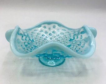 Vintage Fenton Light Blue Hobnail Opalescent Handled Footed Bon Bon Candy Trinket Dish