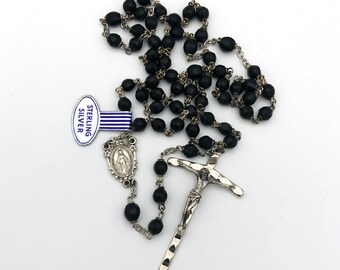 Chapel Sterling Rosary with Crucifix and Nun's Miraculous Medal, Black Faceted Beads