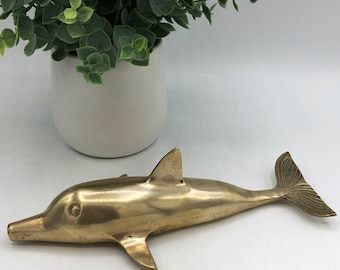 Vintage Solid Brass Dolphin Figurine Paperweight~Made in Taiwan~Nautical Beach Decor