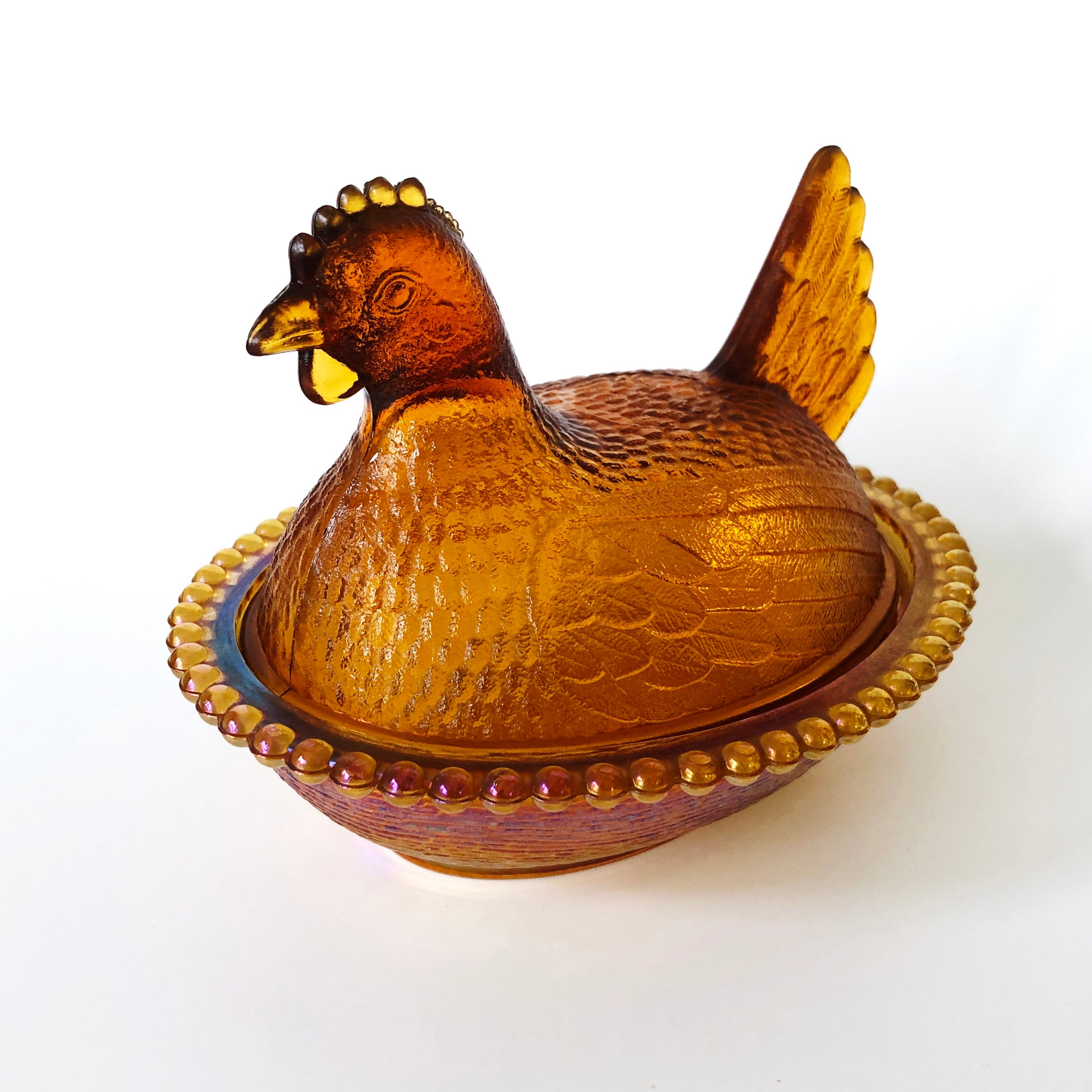 New Primitive Vintage Style GLASS ROOSTER CANDY DISH Chicken Statue