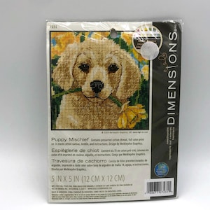 Dimensions Puppy Mischief Needlepoint Kit~Yellow Lab~Yellow Flowers~Daffodils~#7231~5" x 5" NOS Design by Meiklejohn Graphics