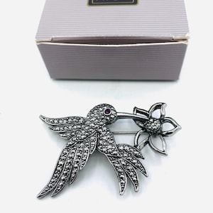 Vintage Avon Fluttering Hummingbird  Brooch with Box, Silver Tone Faux Marcasite with Flower and Pink Rhinestone Eye