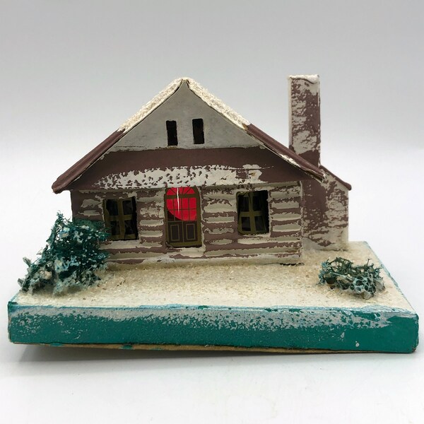 Large Vintage Mica Cabin Putz House Made in Japan 4" x 6" Corrugated Roof and Walls Christmas Village Collectible Brown and Turquoise 1950s