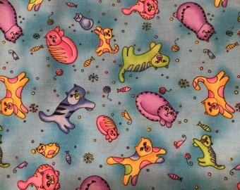 Whimsical Multi colored cat print fabric