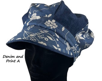 Full slouchy Cap in Hemp Denim, Organic cotton and Linen. Hundertwasser styled. Multi-gender, Onesize fits most 21-24"(52 - 61 cm)