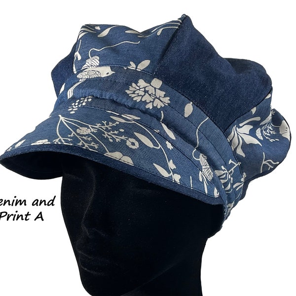 Full slouchy Cap in Hemp Denim, Organic cotton and Linen. Hundertwasser styled. Multi-gender, Onesize fits most 21-24"(52 - 61 cm)