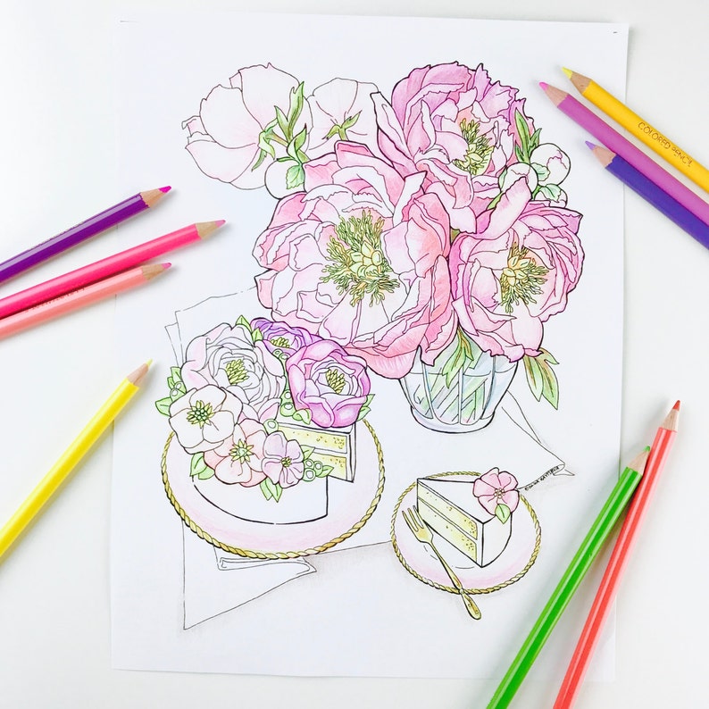 Adult Coloring Page Peony Flower Coloring Pages For Adults Digital Coloring Hand Drawn Flowers Line Art By Olga Zaytseva
